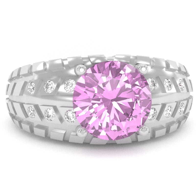 Men's Tire Tread Lab-Created Pink Sapphire Diamond Ring In Solid 14k White Gold