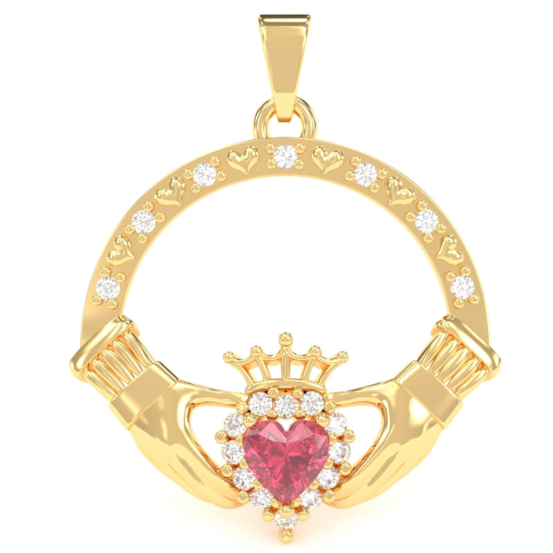 Pink Tourmaline Diamond Claddagh  Pendant in 14k Yellow Gold