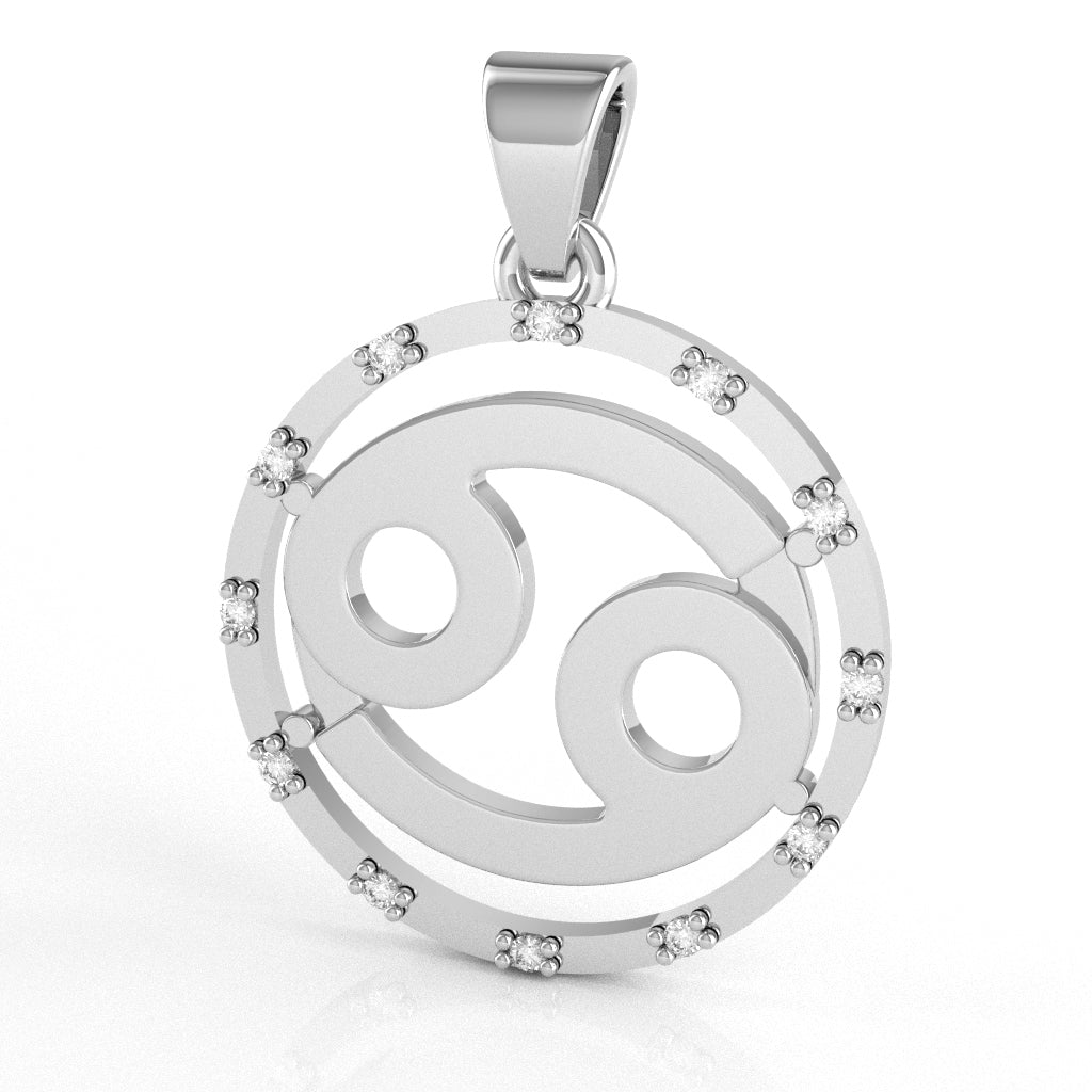 Cancer Zodiac Sign Diamond Bezel Pendant In Solid 14K White Gold