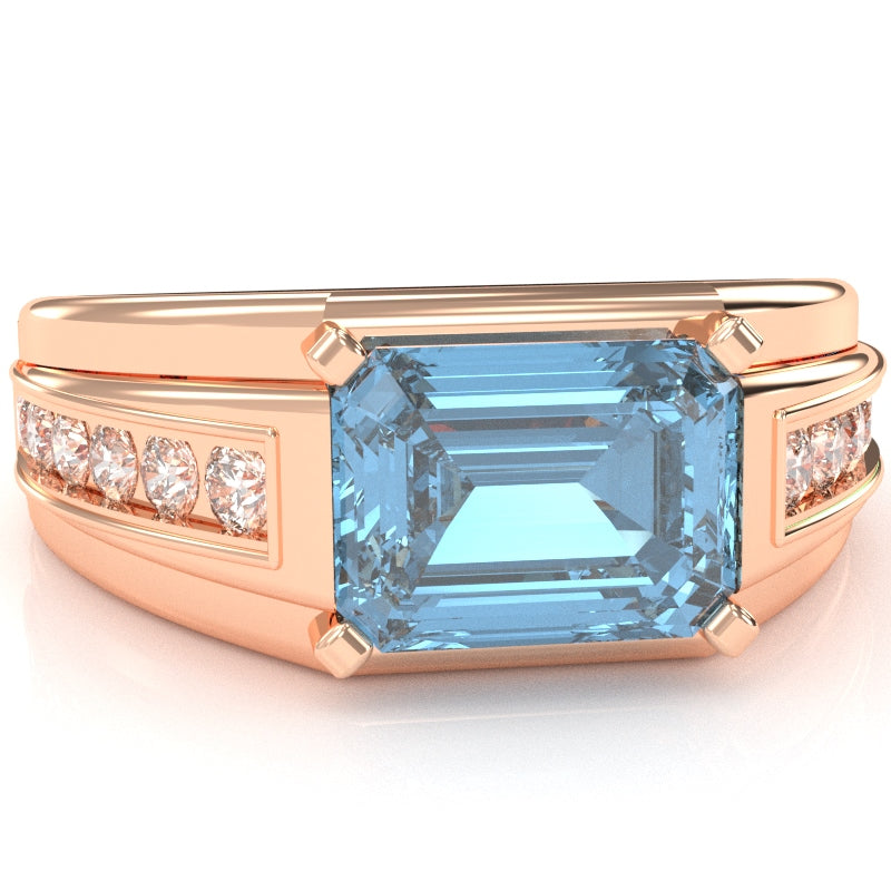 Men's Blue Topaz Diamond Channel Ring In Solid 10k Rose Gold