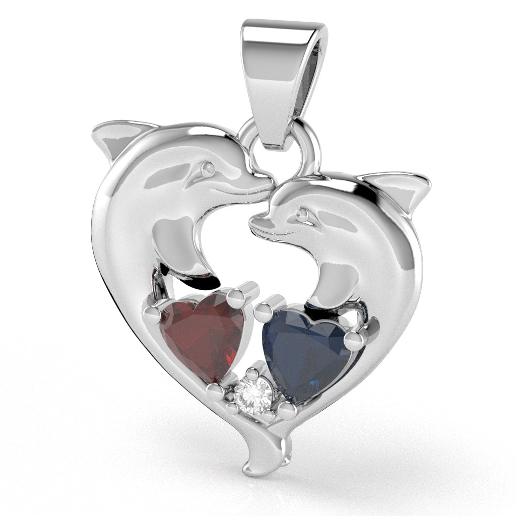 Customizable Gemstone Diamond Dolphin 2 Heart Birthstone Pendant in 14k White Gold