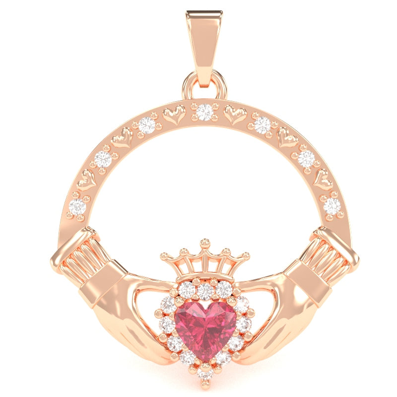 Pink Tourmaline Diamond Claddagh  Pendant in 14k Rose Gold