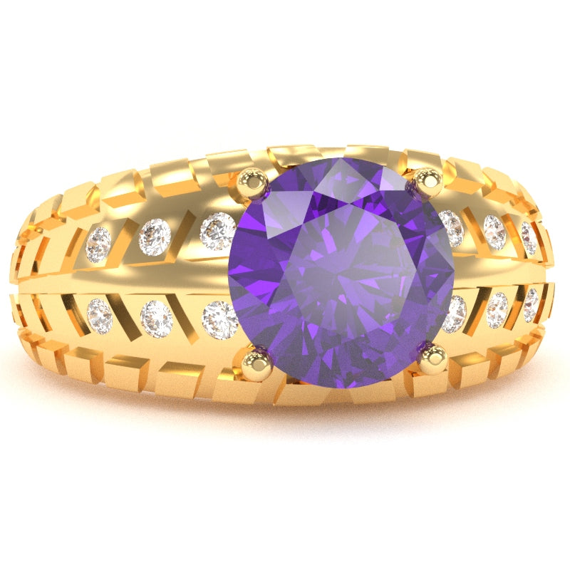 Men's Tire Tread Amethyst Diamond Ring In Solid 14k Yellow Gold