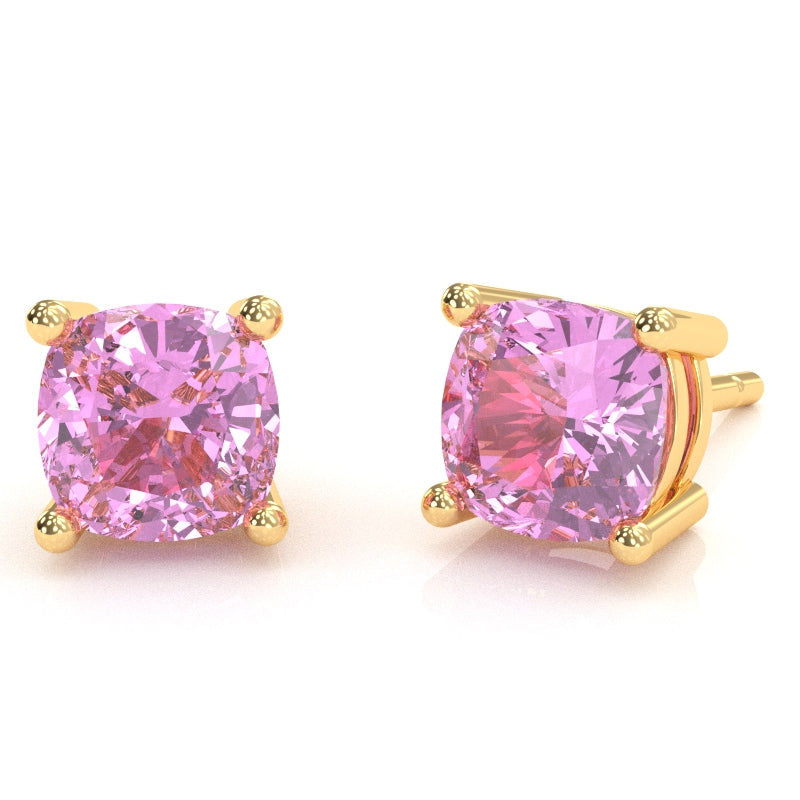 Lab-Created Pink Sapphire 6mm Cushion Stud Earrings in 14k Yellow Gold