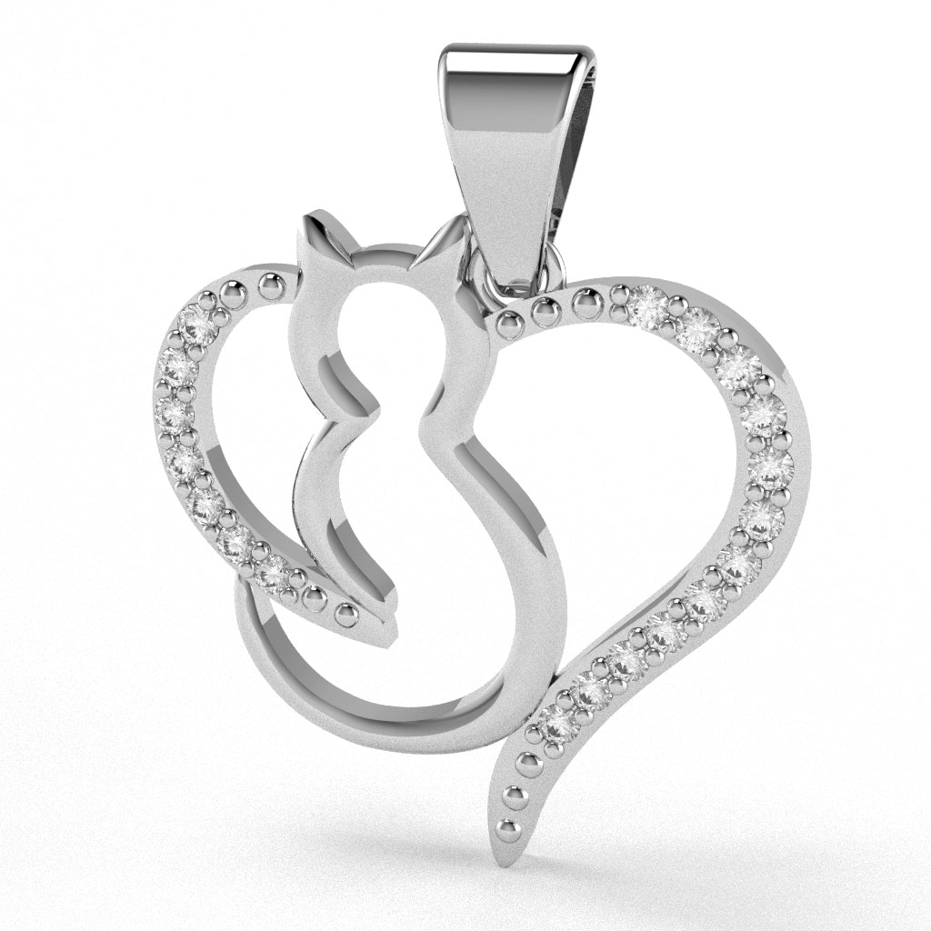 Cat Love Heart Diamond Pendant In Solid 14k White Gold