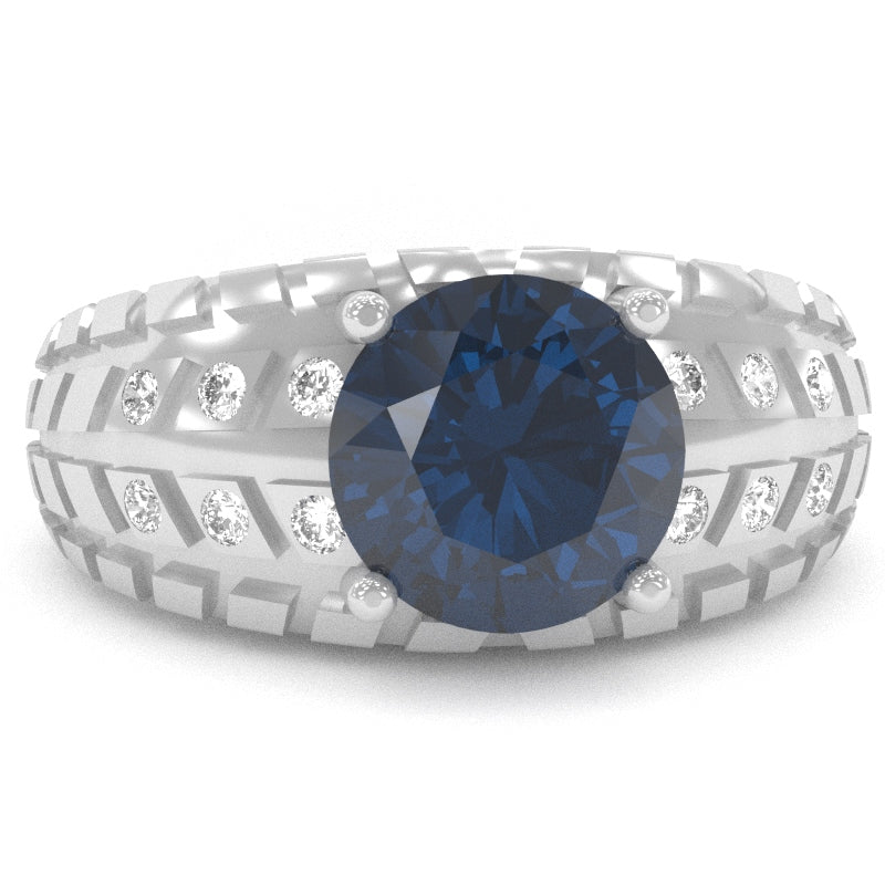 Men's Tire Tread Lab-Created Sapphire Diamond Ring In Solid 14k White Gold