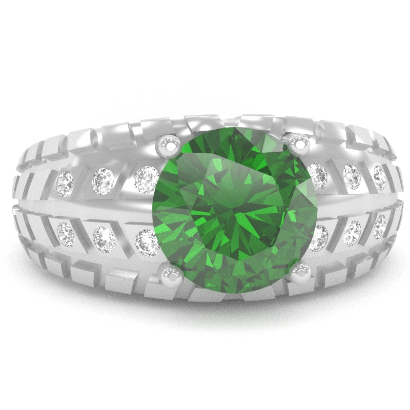 Men's Tire Tread Lab-Created Emerald Diamond Ring In Solid 14k White Gold