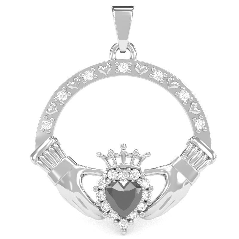 Black Onyx Diamond Claddagh  Pendant in 14k White Gold