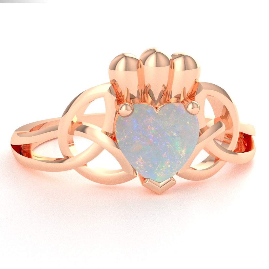 Celtic Trinity Knot Claddagh Opal Engagement Ring In 10k Rose Gold