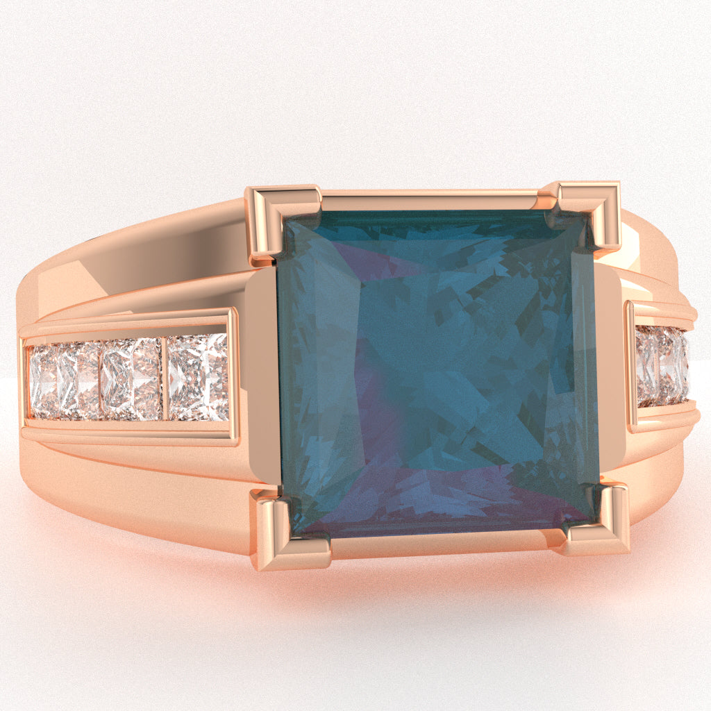 Men's Big Daddy Lab-Created Alexandrite Lab-Grown Diamond Channel Ring In Solid 14k Rose Gold