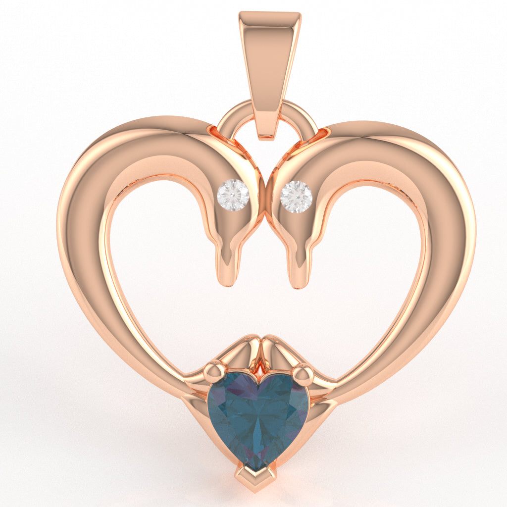 Lab-Created Alexandrite Diamond  2 Dolphins Heart Love Pendant In 14k Rose Gold