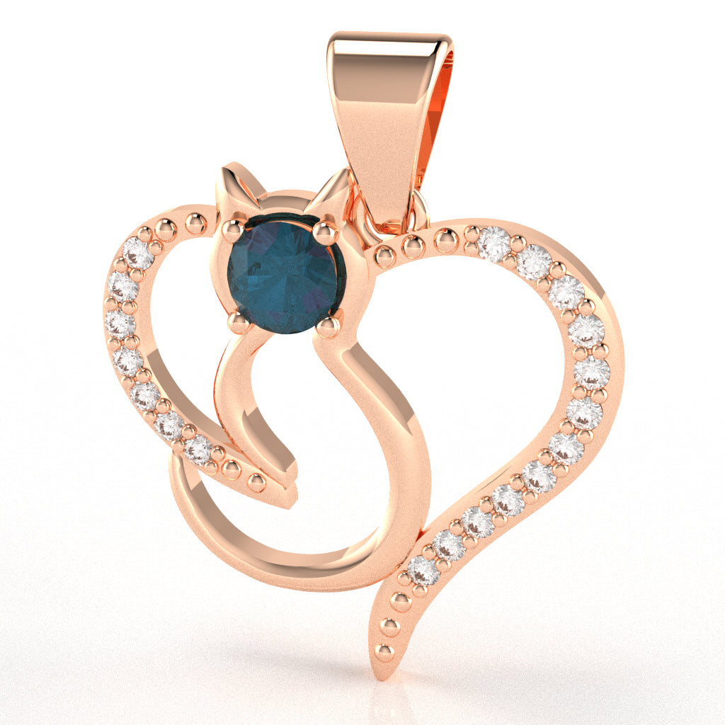 Lab-Created Alexandrite Diamond  Cat Love Heart Pendant In 14k Rose Gold