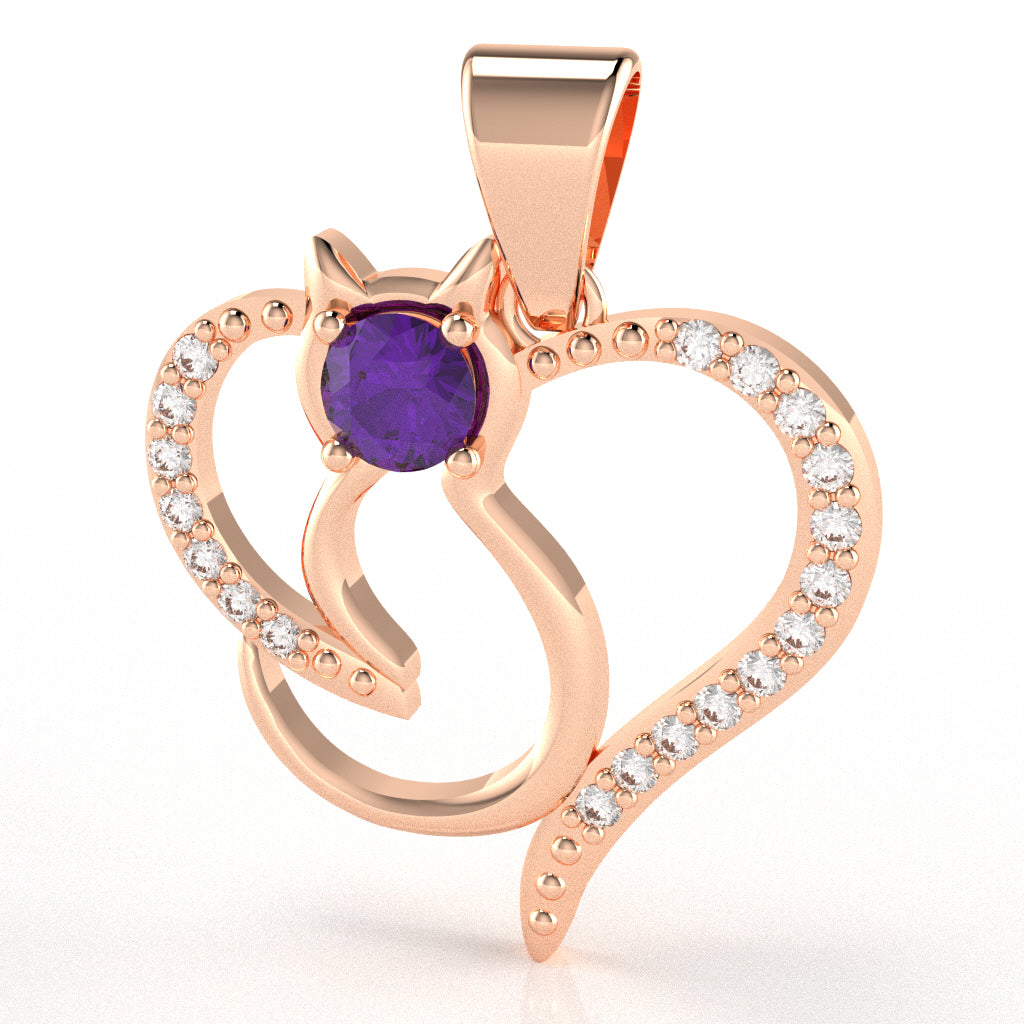 Amethyst Diamond  Cat Love Heart Pendant In 14k Rose Gold