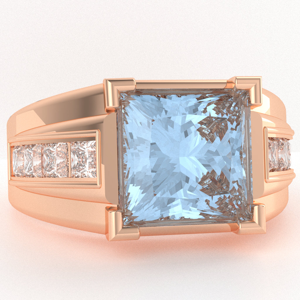 Men's Big Daddy Aquamarine Lab-Grown Diamond Channel Ring In Solid 14k Rose Gold