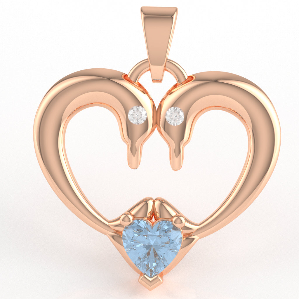 Aquamarine Diamond  2 Dolphins Heart Love Pendant In 14k Rose Gold
