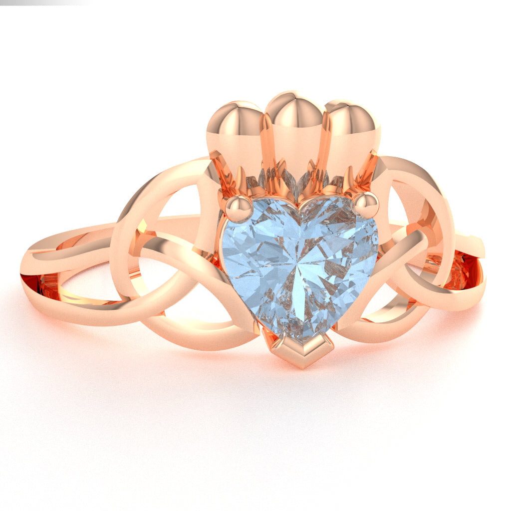 Celtic Trinity Knot Claddagh Aquamarine Engagement Ring In 10k Rose Gold