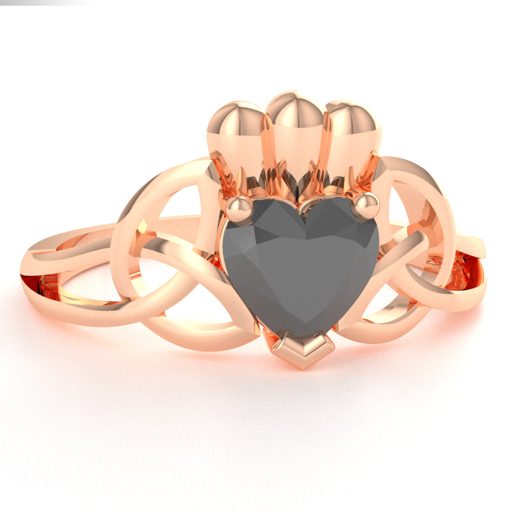 Celtic Trinity Knot Claddagh Black Onyx Engagement Ring In 10k Rose Gold