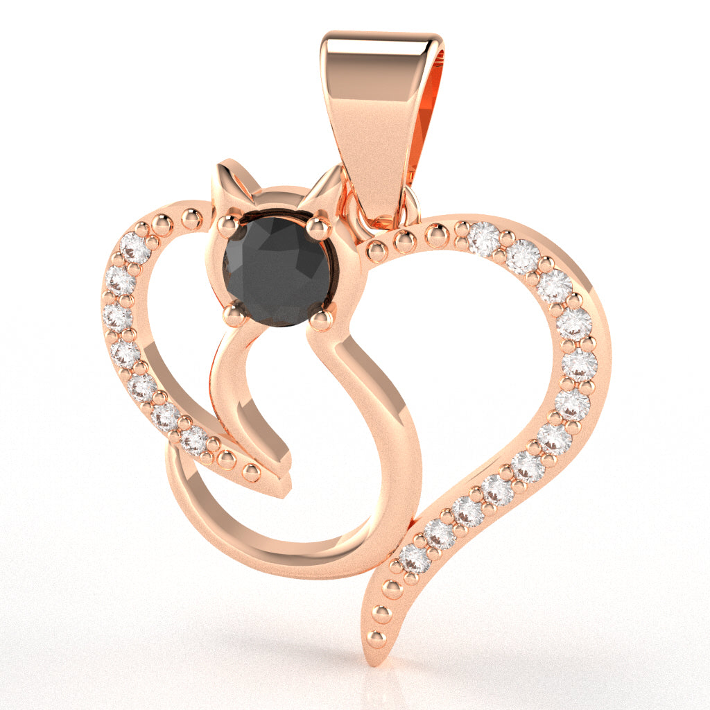 Black Onyx Diamond  Cat Love Heart Pendant In 14k Rose Gold