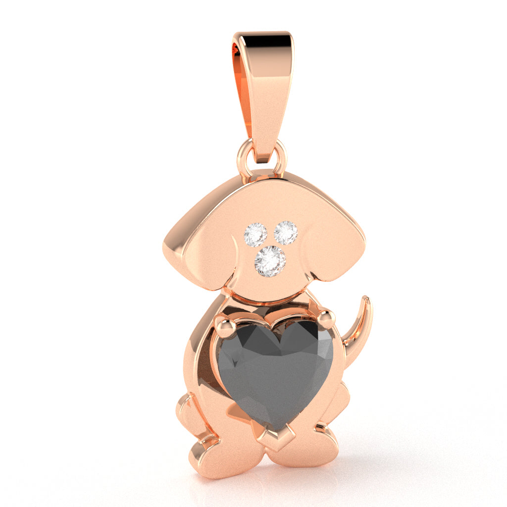 Black Onyx Diamond  Puppy Love Heart Pendant In 14k Rose Gold