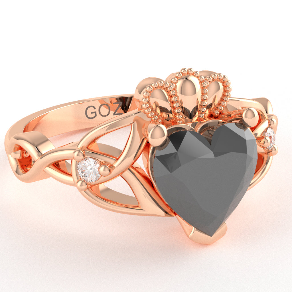 Celtic Trinity Knot Claddagh Heart Black Onyx Diamond Ring In 10k Rose Gold