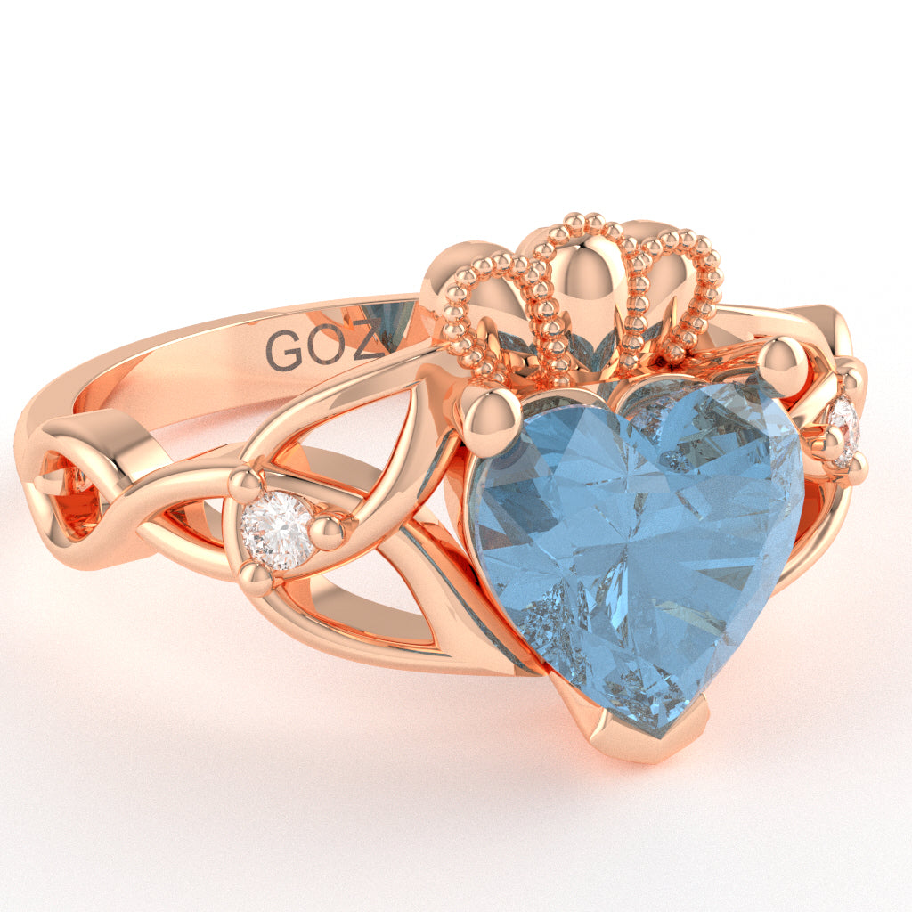 Celtic Trinity Knot Claddagh Heart Blue Topaz Diamond Ring In 14k Rose Gold