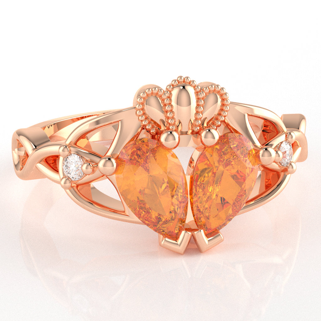 Citrine Diamond Celtic Knot Heart Claddagh Ring In 10k Rose Gold