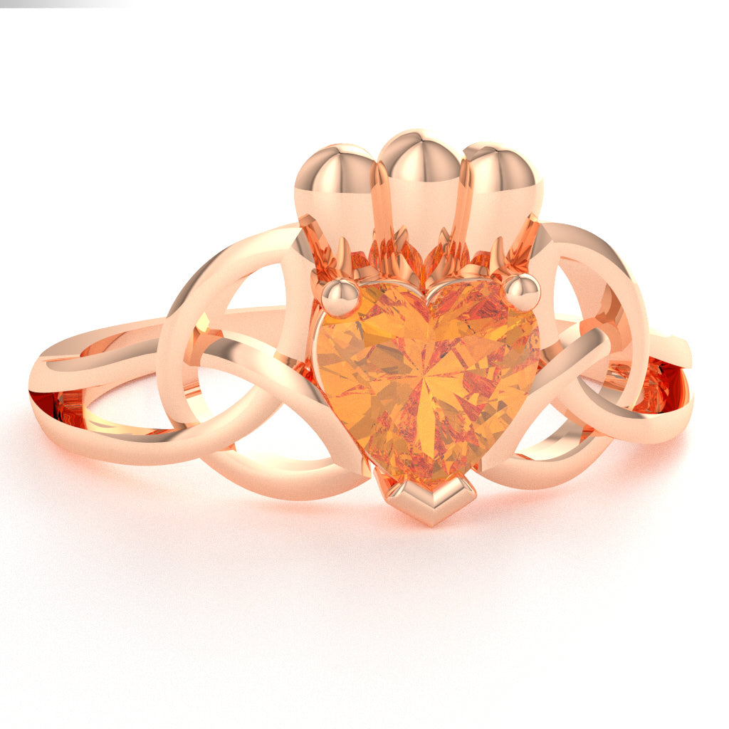 Celtic Trinity Knot Claddagh Citrine Engagement Ring In 14k Rose Gold
