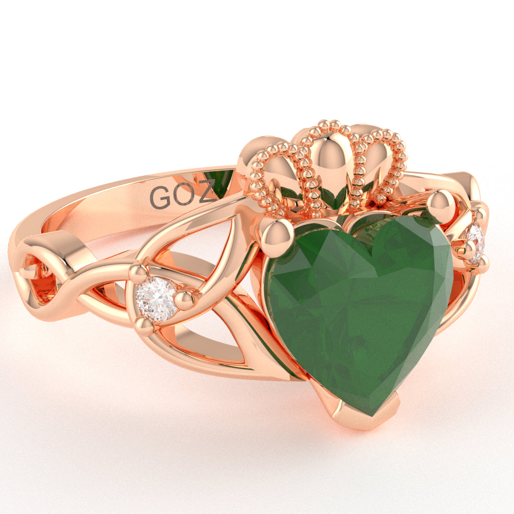 Celtic Trinity Knot Claddagh Heart Emerald Diamond Ring In 14k Rose Gold
