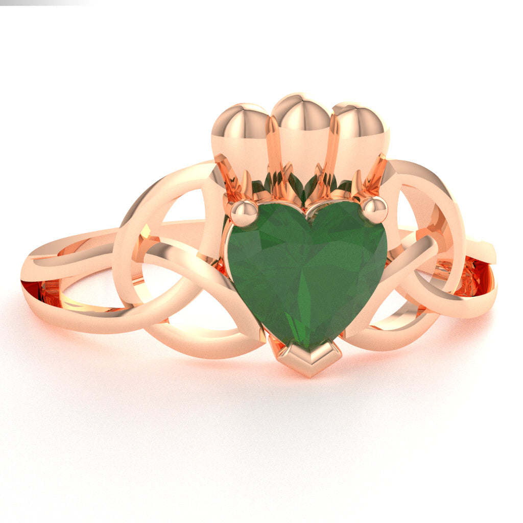 Celtic Trinity Knot Claddagh Emerald Engagement Ring In 14k Rose Gold