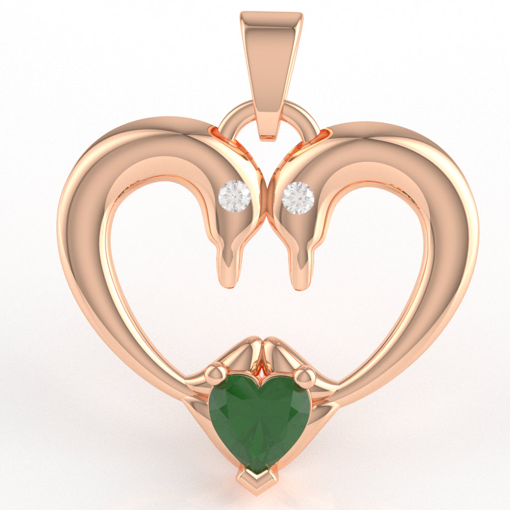 Emerald Diamond  2 Dolphins Heart Love Pendant In 10k Rose Gold