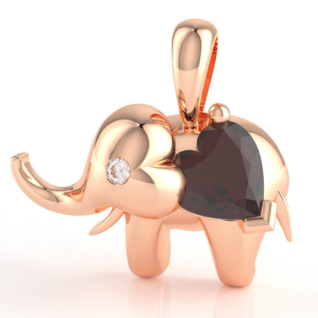 Garnet Diamond Elephant Heart Birthstone Pendant In 14k Rose Gold
