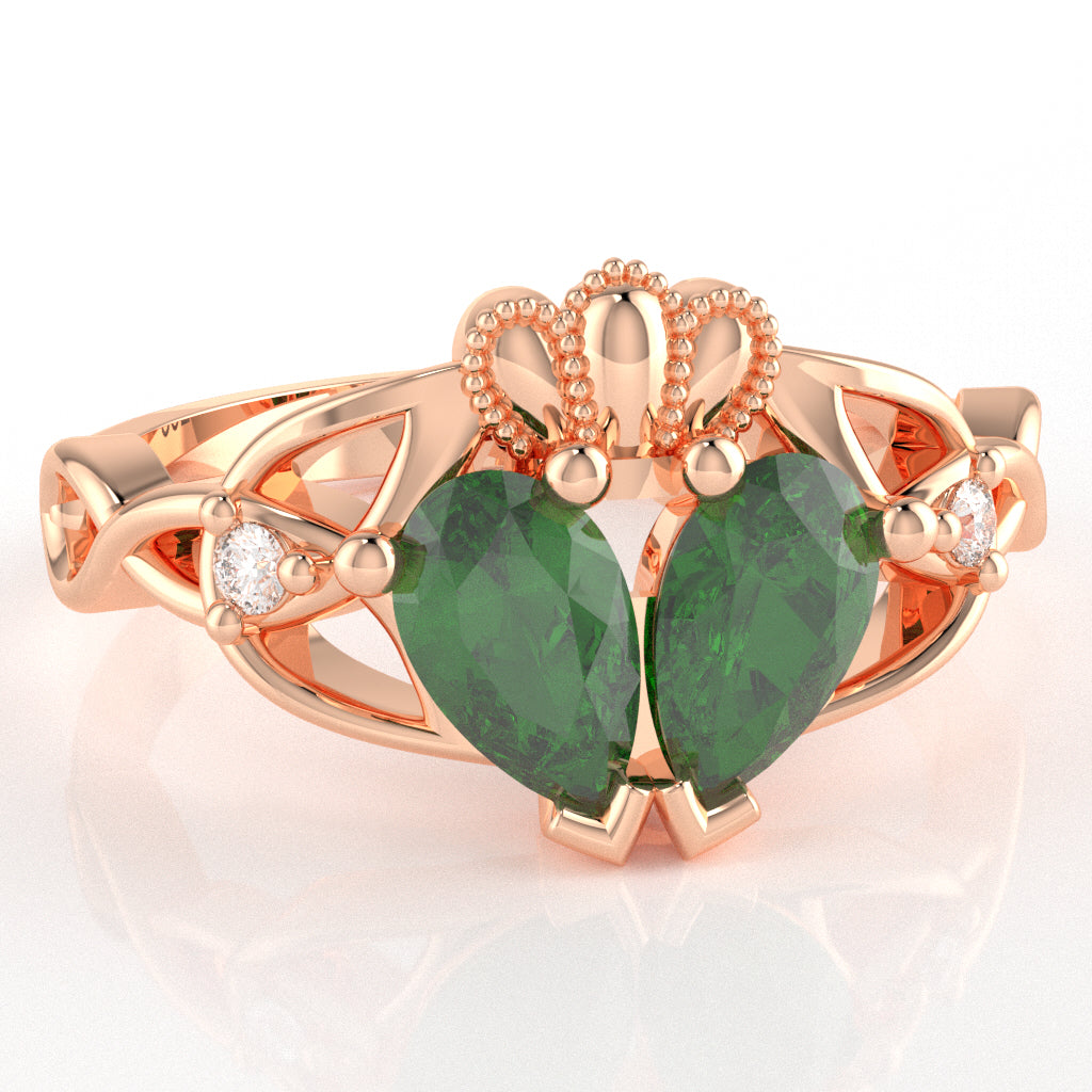 Lab-Created Emerald Diamond Celtic Knot Heart Claddagh Ring In 10k Rose Gold