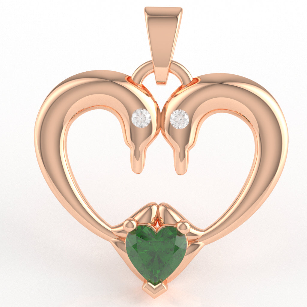 Lab-Created Emerald Diamond  2 Dolphins Heart Love Pendant In 14k Rose Gold