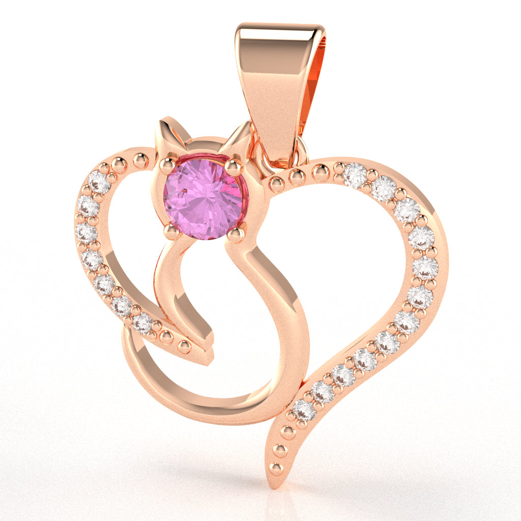 Lab-Created Pink Sapphire Diamond  Cat Love Heart Pendant In 10k Rose Gold