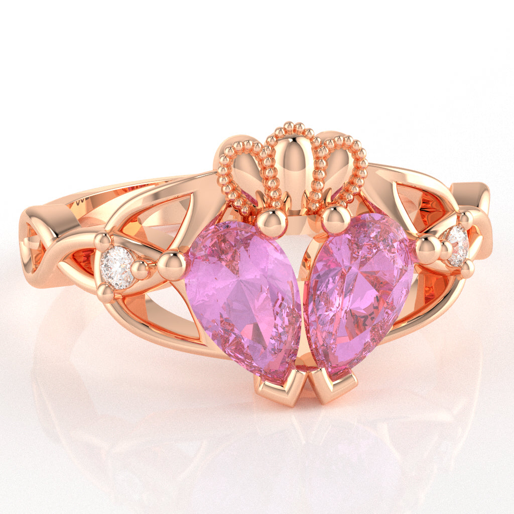 Lab-Created Pink Sapphire Diamond Celtic Knot Heart Claddagh Ring In 14k Rose Gold