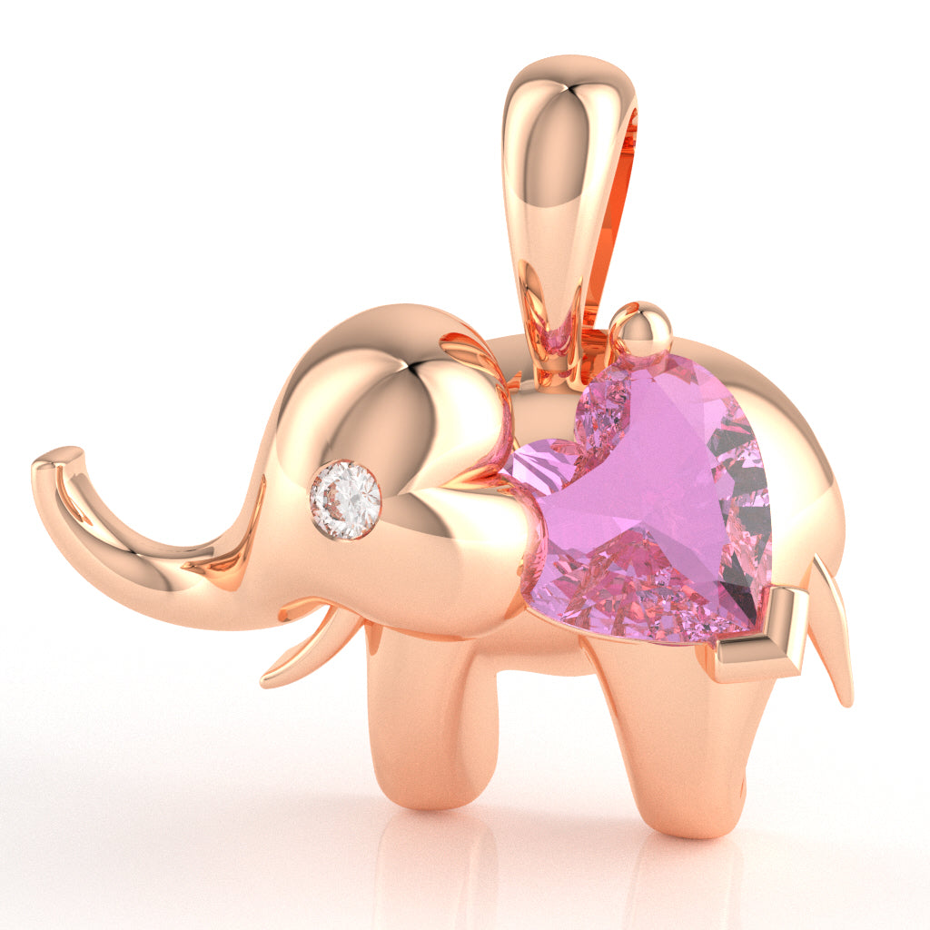 Lab-Created Pink Sapphire Diamond Elephant Heart Birthstone Pendant In 14k Rose Gold