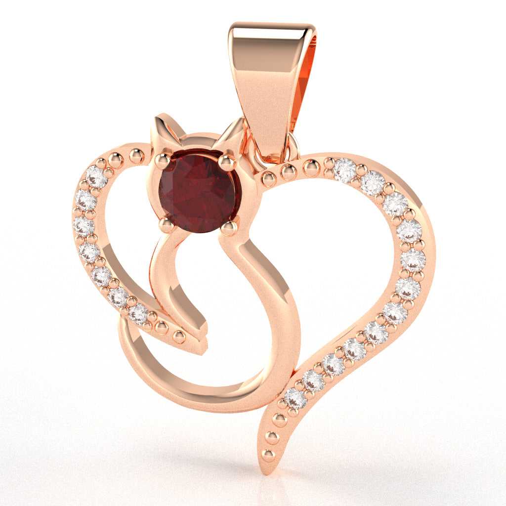 Lab-Created Ruby Diamond  Cat Love Heart Pendant In 14k Rose Gold