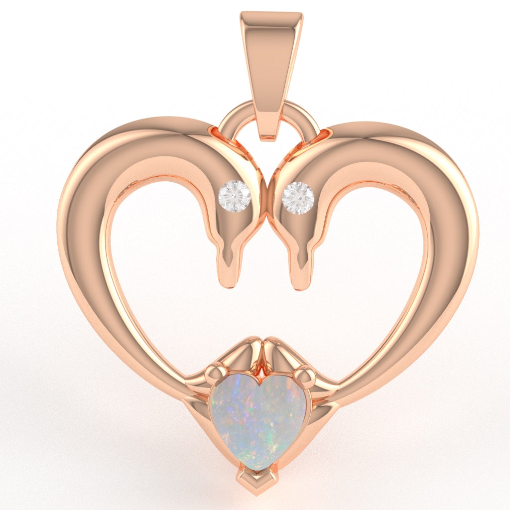 Opal Diamond  2 Dolphins Heart Love Pendant In 10k Rose Gold
