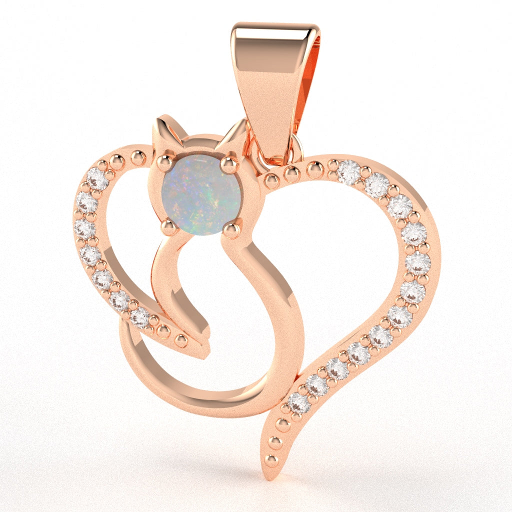 Opal Diamond  Cat Love Heart Pendant In 14k Rose Gold
