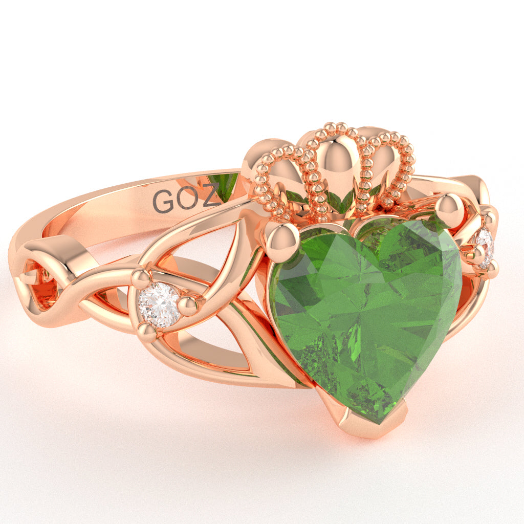 Celtic Trinity Knot Claddagh Heart Peridot Diamond Ring In 14k Rose Gold