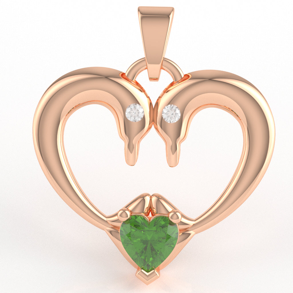 Peridot Diamond  2 Dolphins Heart Love Pendant In 10k Rose Gold