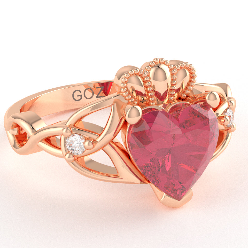 Celtic Trinity Knot Claddagh Heart Pink Tourmaline Diamond Ring In 10k Rose Gold