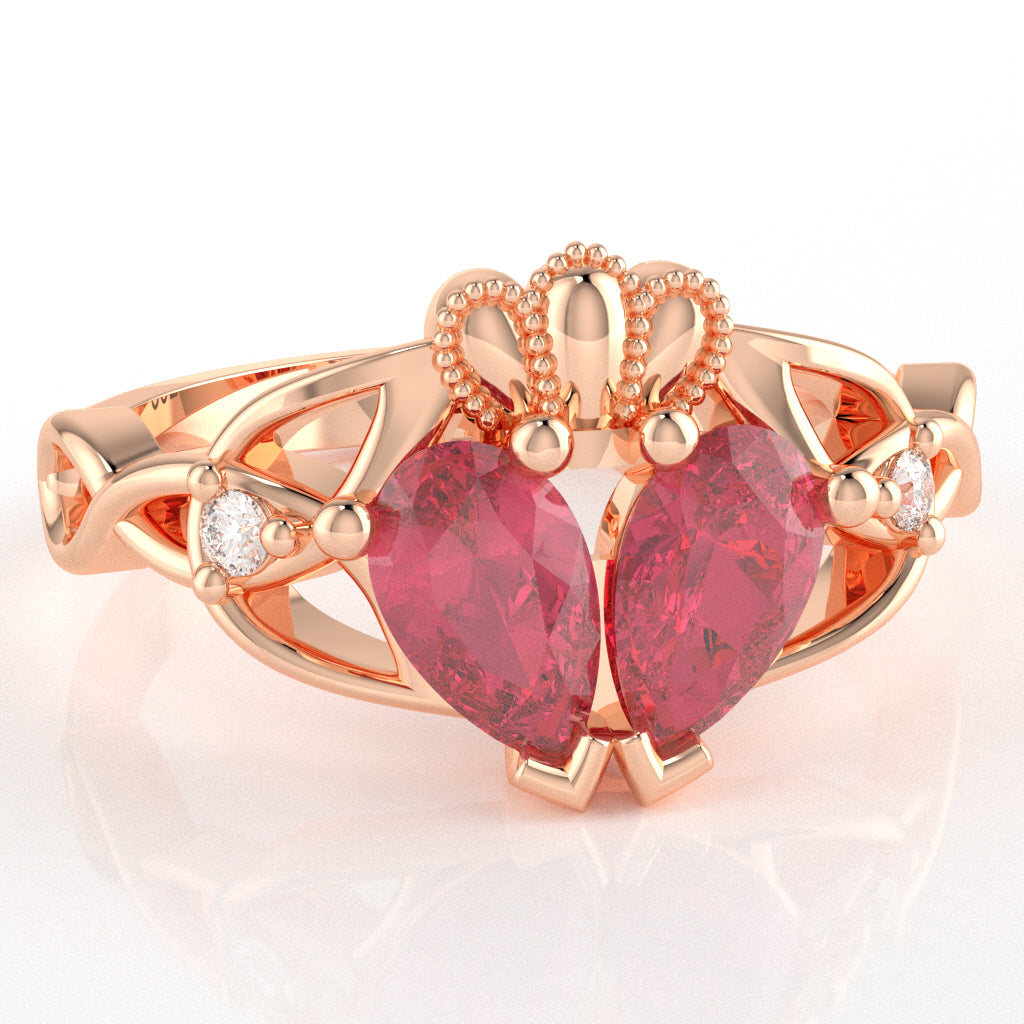 Pink Tourmaline Diamond Celtic Knot Heart Claddagh Ring In 14k Rose Gold
