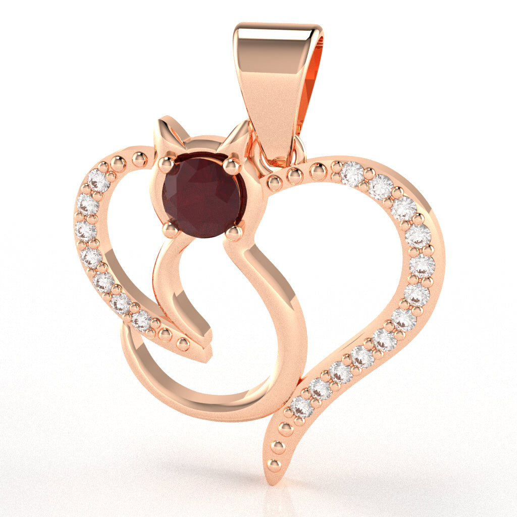 Ruby Diamond  Cat Love Heart Pendant In 10k Rose Gold