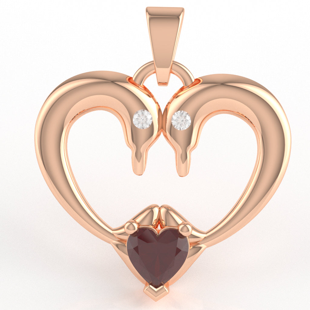 Ruby Diamond  2 Dolphins Heart Love Pendant In 10k Rose Gold