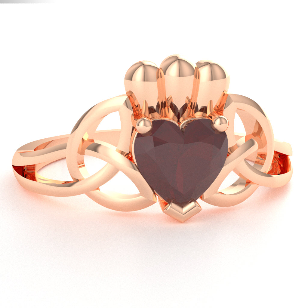 Celtic Trinity Knot Claddagh Ruby Engagement Ring In 10k Rose Gold