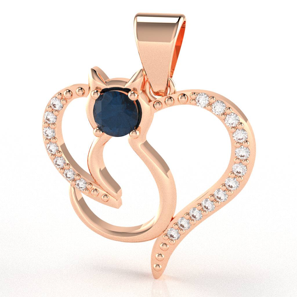 Lab-Created Sapphire Diamond  Cat Love Heart Pendant In 14k Rose Gold