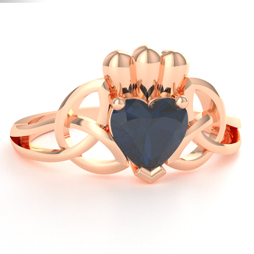 Celtic Trinity Knot Claddagh Sapphire Engagement Ring In 14k Rose Gold