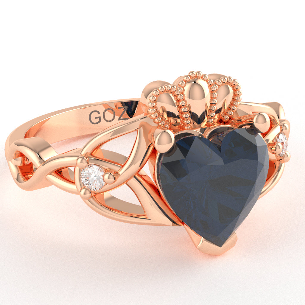 Celtic Trinity Knot Claddagh Heart Lab-Created Sapphire Diamond Ring In 10k Rose Gold