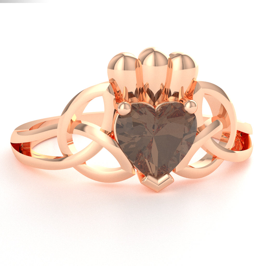 Celtic Trinity Knot Claddagh Smoky Quartz Engagement Ring In 14k Rose Gold